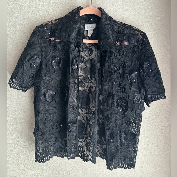 Moda La Belezza Black Scalloped Floral Lace Formal Open Front Shrug Jacket OS - Picture 2 of 9